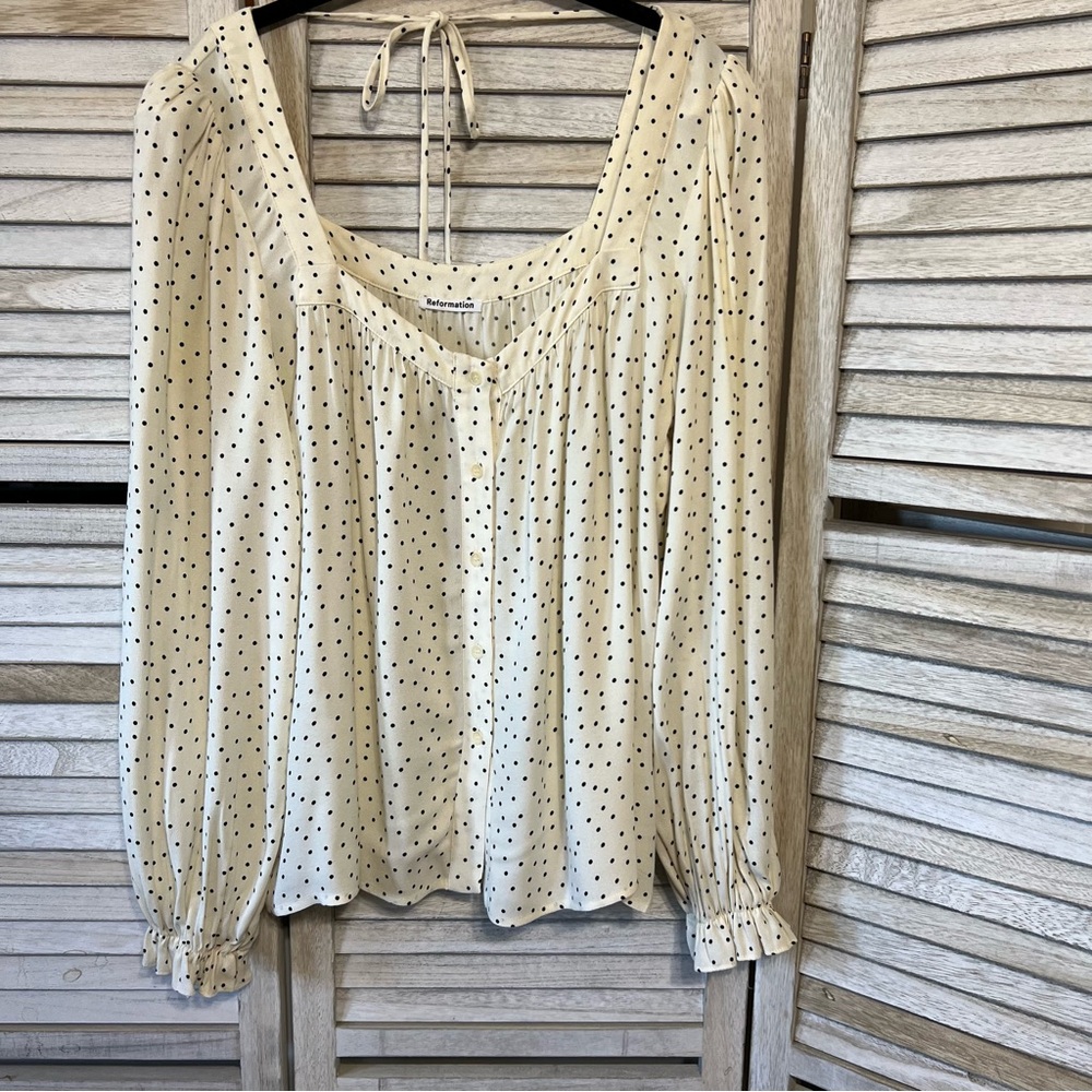 Reformation Cream Polka Dot Long Sleeve Blouse